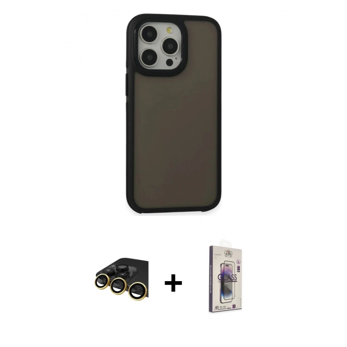 MARSİLYAN™- iPhone 13 Pro Max Kılıf Eksen Işık - Siyah Bilvis 3D Cam Ekran Koruyucu + Raze Metal Kamera Lens - GD