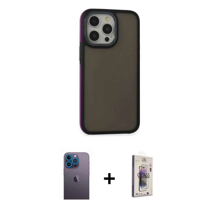 MARSİLYAN™- iPhone 13 Pro Max Kılıf Eksen Işık - Siyah Bilvis 3D Cam Ekran Koruyucu + Neon Fosforlu Kamera Lens - MI
