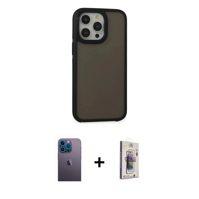 MARSİLYAN™- iPhone 13 Pro Max Kılıf Eksen Işık - Siyah Bilvis 3D Cam Ekran Koruyucu + Neon Fosforlu Kamera Lens - MI