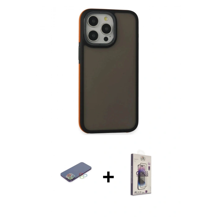 MARSİLYAN™- iPhone 13 Pro Max Kılıf Eksen Işık - Siyah Bilvis 3D Cam Ekran Koruyucu + Renkli Kamera Lens Koruma Cam - MI