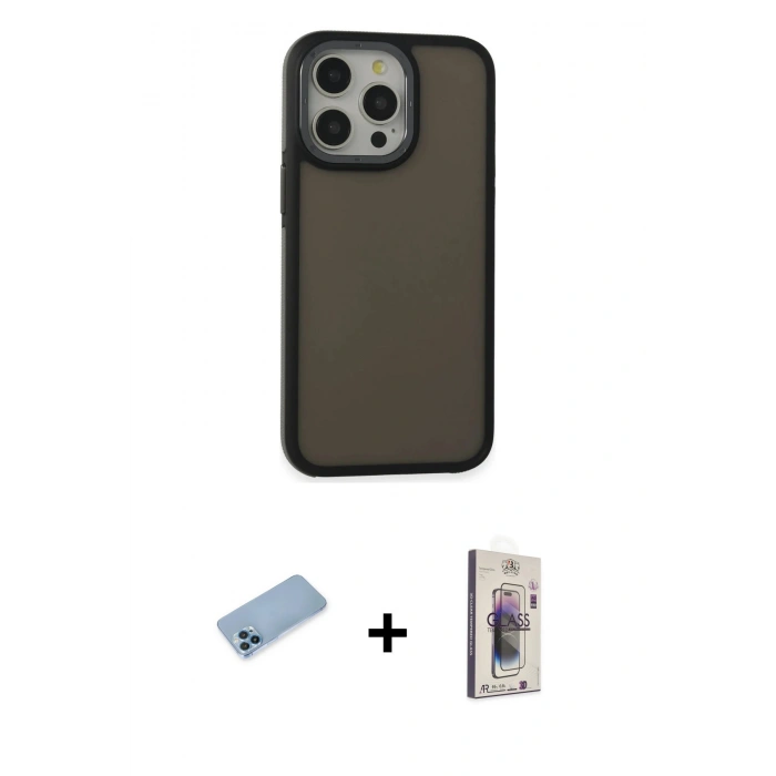 MARSİLYAN™- iPhone 13 Pro Max Kılıf Eksen Işık - Siyah Bilvis 3D Cam Ekran Koruyucu + Shine Kamera Lens Koruma Cam - MI