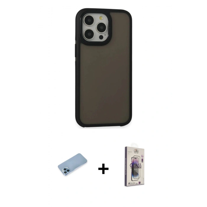 MARSİLYAN™- iPhone 13 Pro Max Kılıf Eksen Işık - Siyah Bilvis 3D Cam Ekran Koruyucu + Shine Kamera Lens Koruma Cam - MI