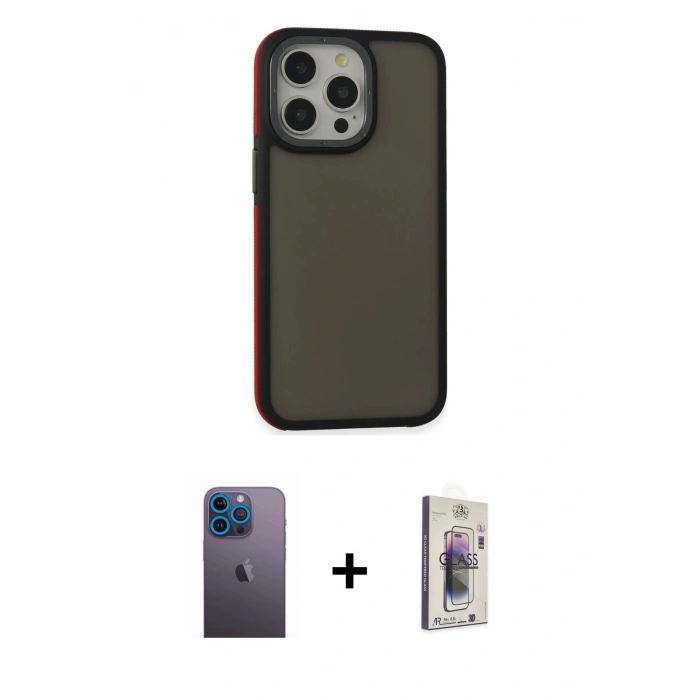 MARSİLYAN™- iPhone 13 Pro Max Kılıf Eksen Işık - Siyah Bilvis 3D Cam Ekran Koruyucu + Neon Fosforlu Kamera Lens - MI