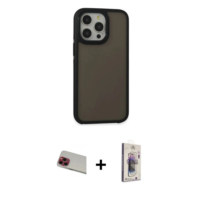 MARSİLYAN™- iPhone 13 Pro Max Kılıf Eksen Işık - Siyah Bilvis 3D Cam Ekran Koruyucu + Rainbow Kamera Lens Koruma Cam - KI