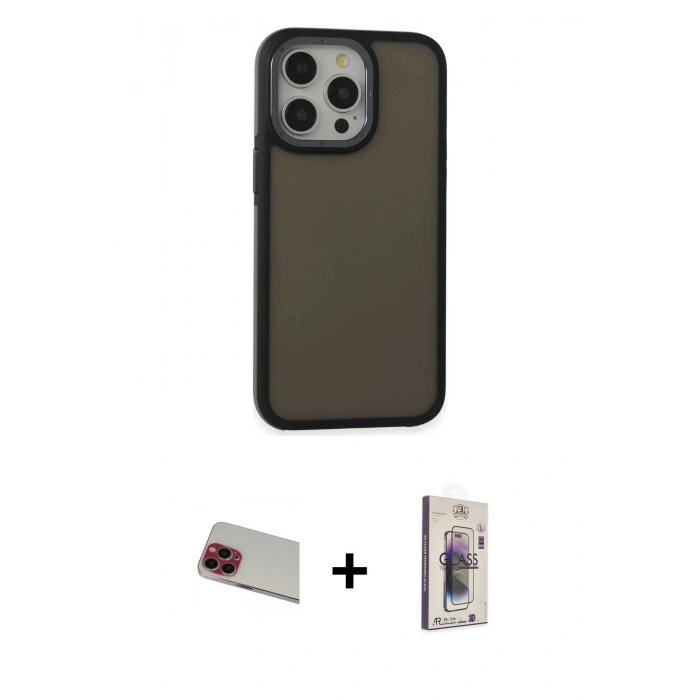 MARSİLYAN™- iPhone 13 Pro Max Kılıf Eksen Işık - Siyah Bilvis 3D Cam Ekran Koruyucu + Rainbow Kamera Lens Koruma Cam - KI