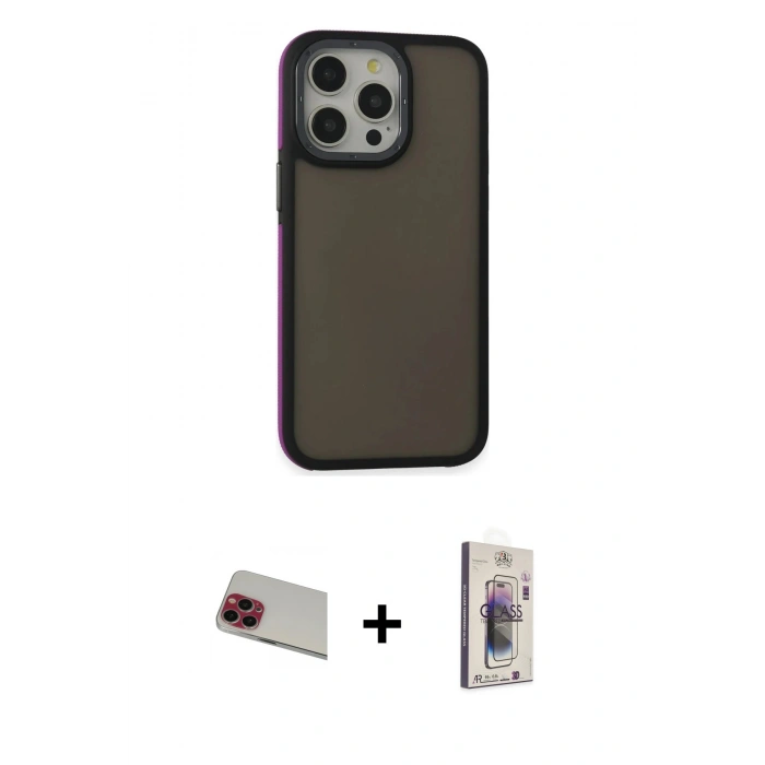 MARSİLYAN™- iPhone 13 Pro Max Kılıf Eksen Işık - Siyah Bilvis 3D Cam Ekran Koruyucu + Rainbow Kamera Lens Koruma Cam - KI