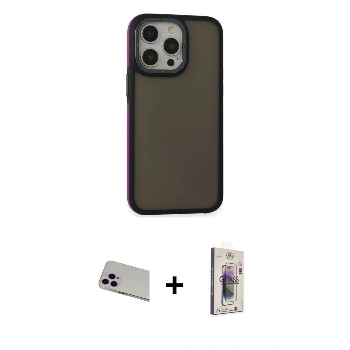 MARSİLYAN™- iPhone 13 Pro Max Kılıf Eksen Işık - Siyah Bilvis 3D Cam Ekran Koruyucu + Rainbow Kamera Lens Koruma Cam - MR