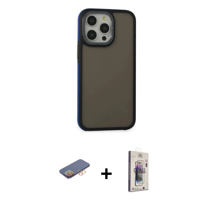 MARSİLYAN™- iPhone 13 Pro Max Kılıf Eksen Işık - Siyah Bilvis 3D Cam Ekran Koruyucu + Renkli Kamera Lens Koruma Cam - TU