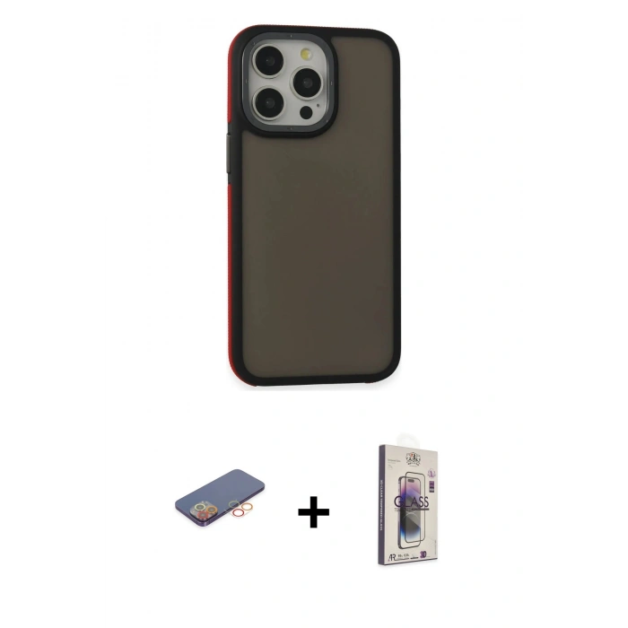 MARSİLYAN™- iPhone 13 Pro Max Kılıf Eksen Işık - Siyah Bilvis 3D Cam Ekran Koruyucu + Renkli Kamera Lens Koruma Cam - TU