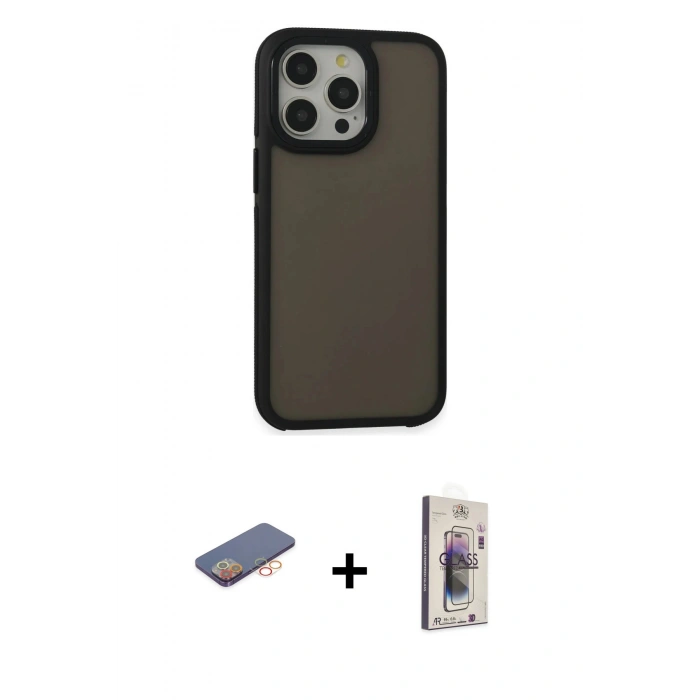 MARSİLYAN™- iPhone 13 Pro Max Kılıf Eksen Işık - Siyah Bilvis 3D Cam Ekran Koruyucu + Renkli Kamera Lens Koruma Cam - TU
