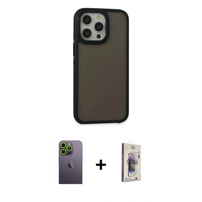 MARSİLYAN™- iPhone 13 Pro Max Kılıf Eksen Işık - Siyah Bilvis 3D Cam Ekran Koruyucu + Neon Fosforlu Kamera Lens - YL