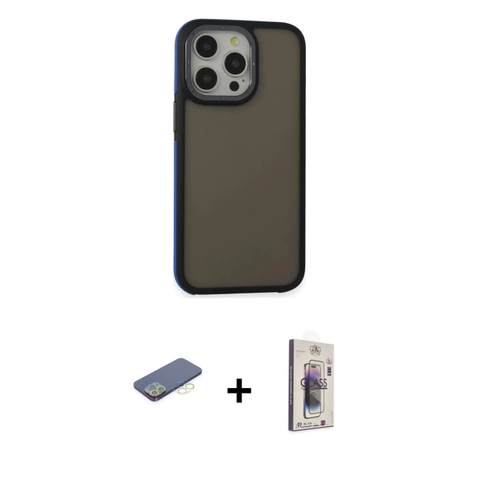 MARSİLYAN™- iPhone 13 Pro Max Kılıf Eksen Işık - Siyah Bilvis 3D Cam Ekran Koruyucu + Renkli Kamera Lens Koruma Cam - YL
