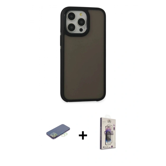 MARSİLYAN™- iPhone 13 Pro Max Kılıf Eksen Işık - Siyah Bilvis 3D Cam Ekran Koruyucu + Renkli Kamera Lens Koruma Cam - YL