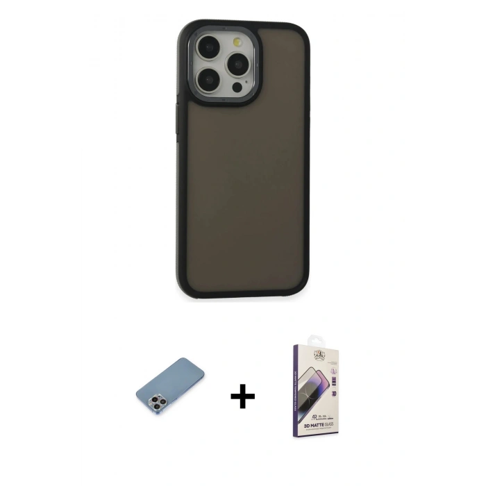 MARSİLYAN™- iPhone 13 Pro Max Kılıf Eksen Işık - Siyah Bilvis 3D Mat Cam Ekran Koruyucu + Gökkuşağı Shine Kamera Lens Koruma Cam