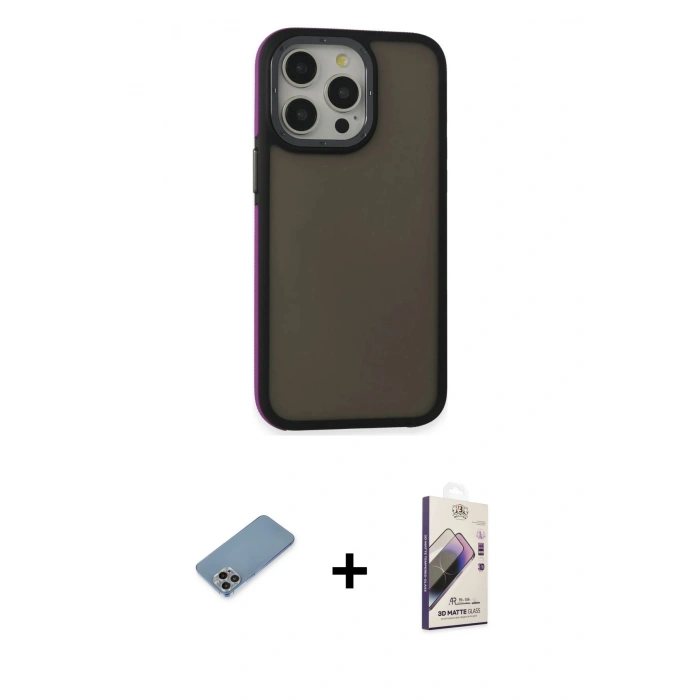 MARSİLYAN™- iPhone 13 Pro Max Kılıf Eksen Işık - Siyah Bilvis 3D Mat Cam Ekran Koruyucu + Gökkuşağı Shine Kamera Lens Koruma Cam