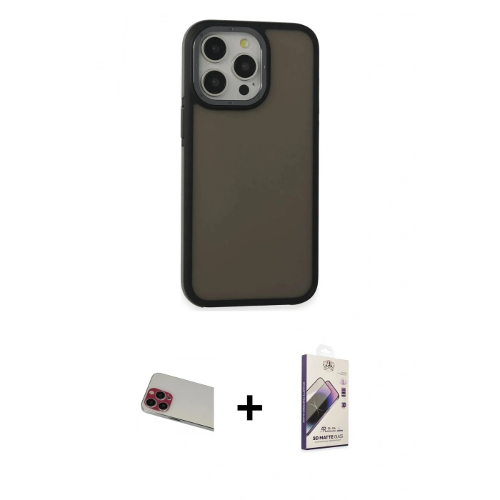 MARSİLYAN™- iPhone 13 Pro Max Kılıf Eksen Işık - Siyah Bilvis 3D Mat Cam Ekran Koruyucu + Rainbow Kamera Lens Koruma Cam - KI