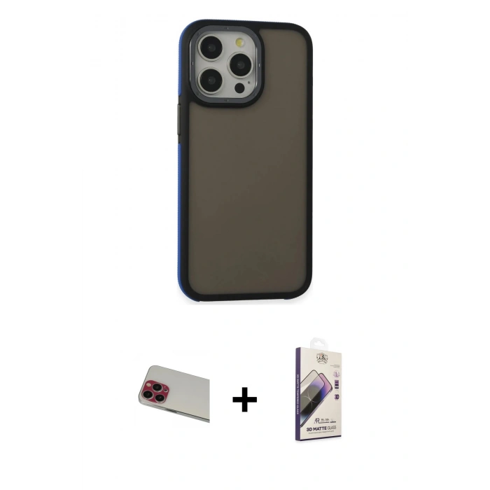 MARSİLYAN™- iPhone 13 Pro Max Kılıf Eksen Işık - Siyah Bilvis 3D Mat Cam Ekran Koruyucu + Rainbow Kamera Lens Koruma Cam - KI