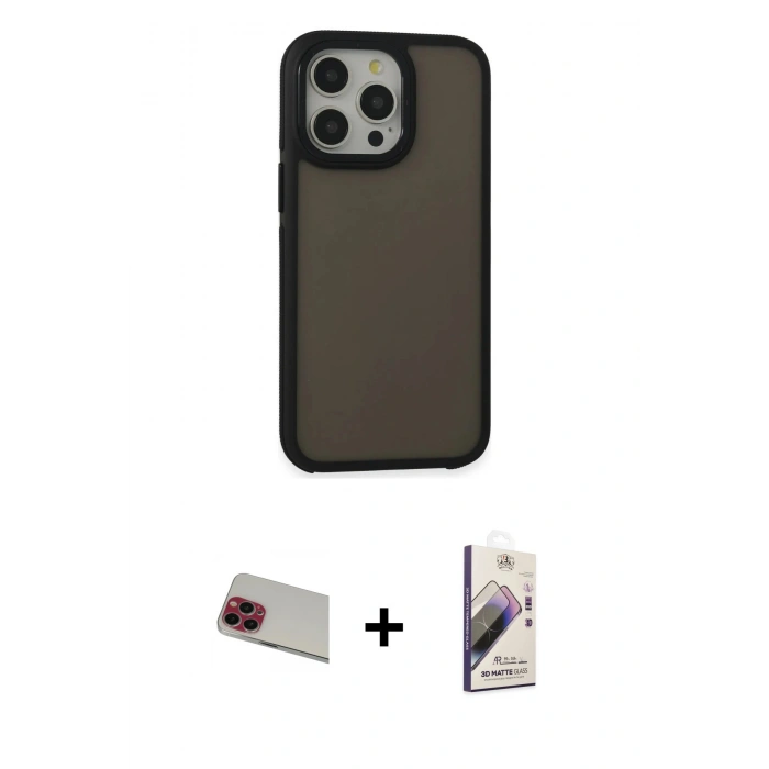 MARSİLYAN™- iPhone 13 Pro Max Kılıf Eksen Işık - Siyah Bilvis 3D Mat Cam Ekran Koruyucu + Rainbow Kamera Lens Koruma Cam - KI
