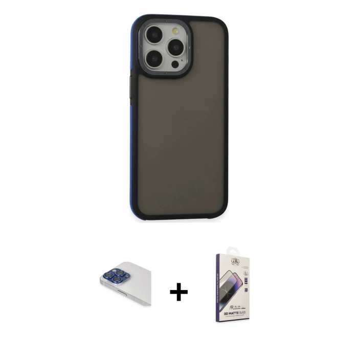 MARSİLYAN™- iPhone 13 Pro Max Kılıf Eksen Işık - Siyah Bilvis 3D Mat Cam Ekran Koruyucu + Pers Alüminyum Kamera Lens - LT