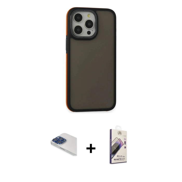 MARSİLYAN™- iPhone 13 Pro Max Kılıf Eksen Işık - Siyah Bilvis 3D Mat Cam Ekran Koruyucu + Pers Alüminyum Kamera Lens - LT