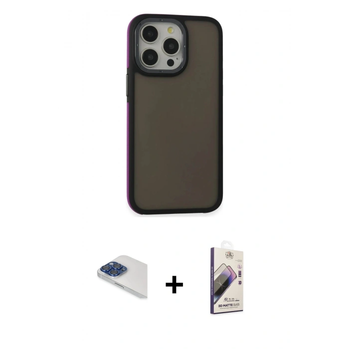 MARSİLYAN™- iPhone 13 Pro Max Kılıf Eksen Işık - Siyah Bilvis 3D Mat Cam Ekran Koruyucu + Pers Alüminyum Kamera Lens - LT