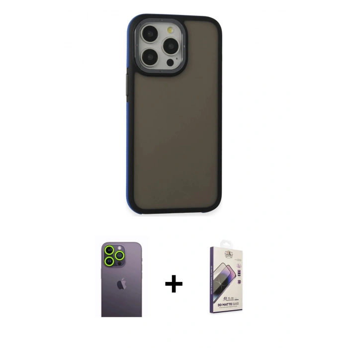 MARSİLYAN™- iPhone 13 Pro Max Kılıf Eksen Işık - Siyah Bilvis 3D Mat Cam Ekran Koruyucu + Neon Fosforlu Kamera Lens - YL