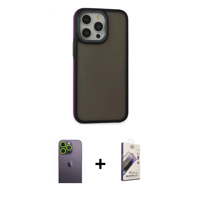 MARSİLYAN™- iPhone 13 Pro Max Kılıf Eksen Işık - Siyah Bilvis 3D Mat Cam Ekran Koruyucu + Neon Fosforlu Kamera Lens - YL