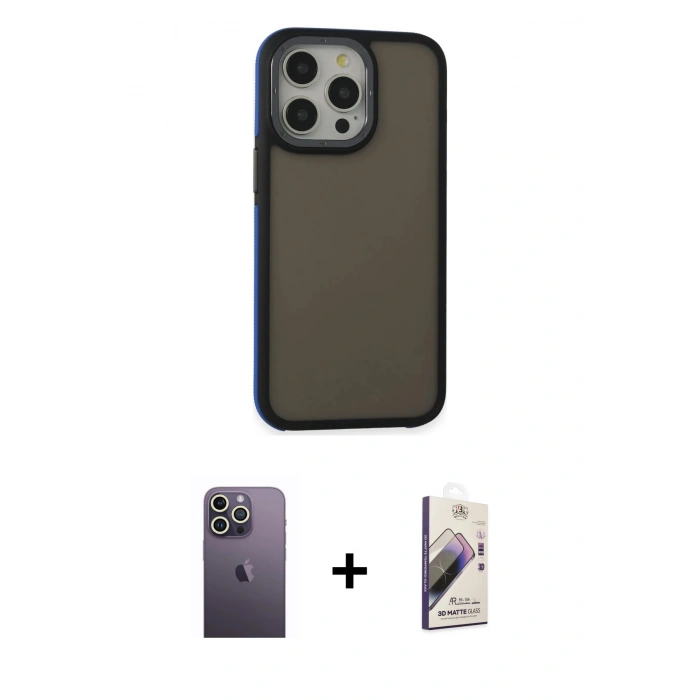MARSİLYAN™- iPhone 13 Pro Max Kılıf Eksen Işık - Siyah Bilvis 3D Mat Cam Ekran Koruyucu + Neon Fosforlu Kamera Lens - BZ