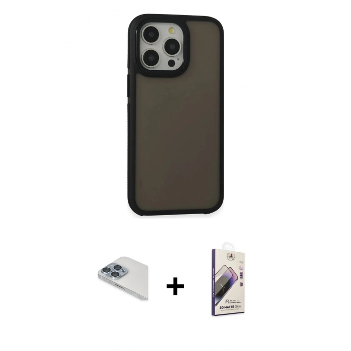 MARSİLYAN™- iPhone 13 Pro Max Kılıf Eksen Işık - Siyah Bilvis 3D Mat Cam Ekran Koruyucu + Pers Alüminyum Kamera Lens - SABE