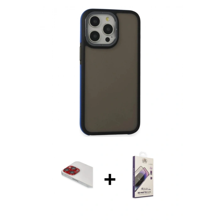 MARSİLYAN™- iPhone 13 Pro Max Kılıf Eksen Işık - Siyah Bilvis 3D Mat Cam Ekran Koruyucu + Pers Alüminyum Kamera Lens - KI