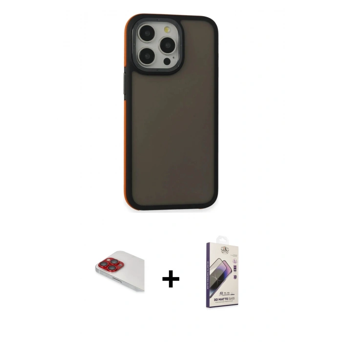 MARSİLYAN™- iPhone 13 Pro Max Kılıf Eksen Işık - Siyah Bilvis 3D Mat Cam Ekran Koruyucu + Pers Alüminyum Kamera Lens - KI