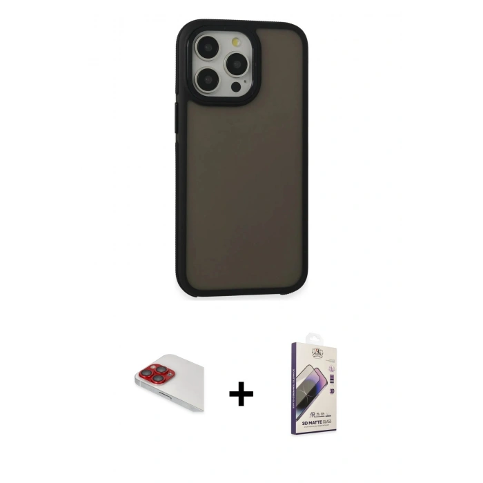 MARSİLYAN™- iPhone 13 Pro Max Kılıf Eksen Işık - Siyah Bilvis 3D Mat Cam Ekran Koruyucu + Pers Alüminyum Kamera Lens - KI