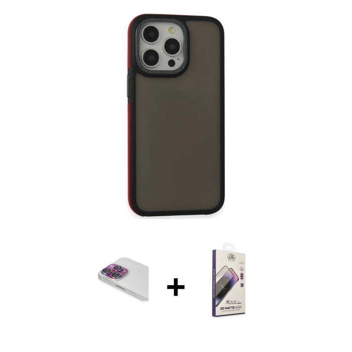 MARSİLYAN™- iPhone 13 Pro Max Kılıf Eksen Işık - Siyah Bilvis 3D Mat Cam Ekran Koruyucu + Pers Alüminyum Kamera Lens - GI