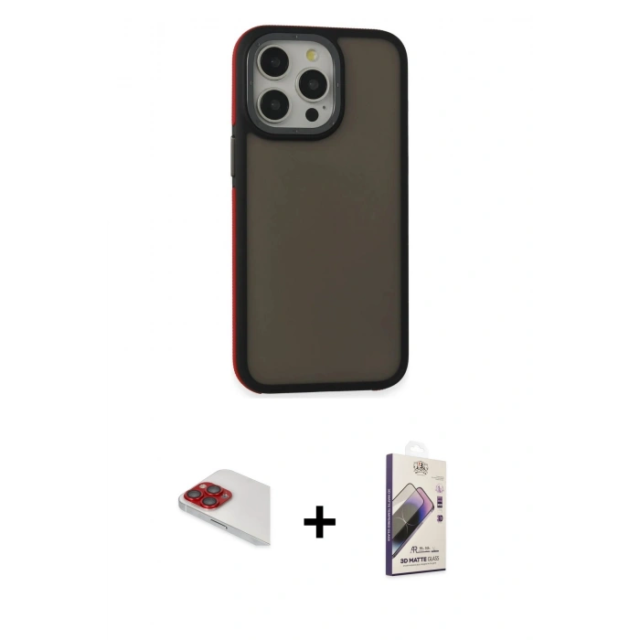 MARSİLYAN™- iPhone 13 Pro Max Kılıf Eksen Işık - Siyah Bilvis 3D Mat Cam Ekran Koruyucu + Pers Alüminyum Kamera Lens - KI