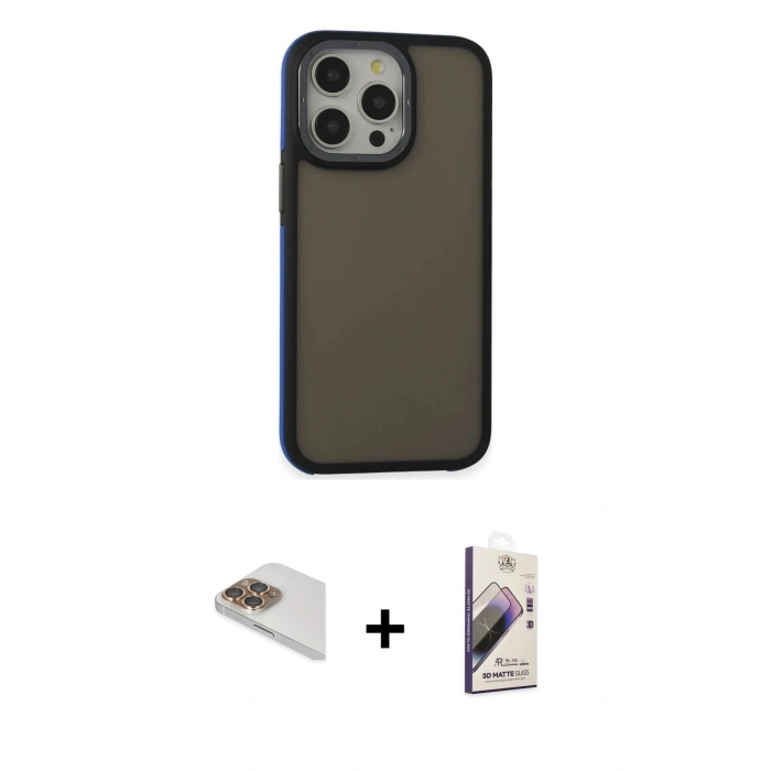 MARSİLYAN™- iPhone 13 Pro Max Kılıf Eksen Işık - Siyah Bilvis 3D Mat Cam Ekran Koruyucu + Pers Alüminyum Kamera Lens - GD
