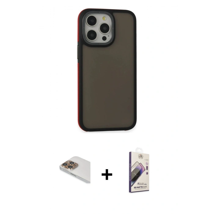 MARSİLYAN™- iPhone 13 Pro Max Kılıf Eksen Işık - Siyah Bilvis 3D Mat Cam Ekran Koruyucu + Pers Alüminyum Kamera Lens - GD