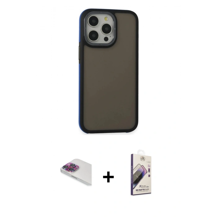 MARSİLYAN™- iPhone 13 Pro Max Kılıf Eksen Işık - Siyah Bilvis 3D Mat Cam Ekran Koruyucu + Pers Alüminyum Kamera Lens - GI