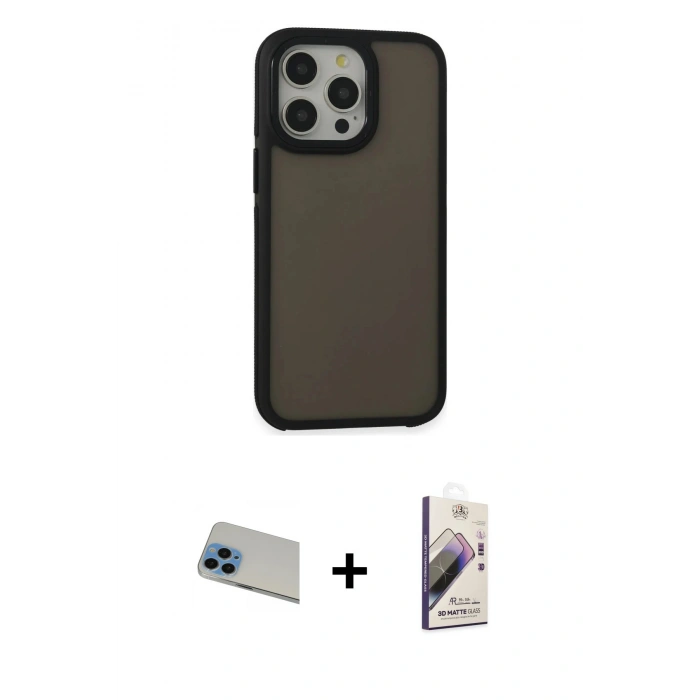 MARSİLYAN™- iPhone 13 Pro Max Kılıf Eksen Işık - Siyah Bilvis 3D Mat Cam Ekran Koruyucu + Rainbow Kamera Lens Koruma Cam - MI