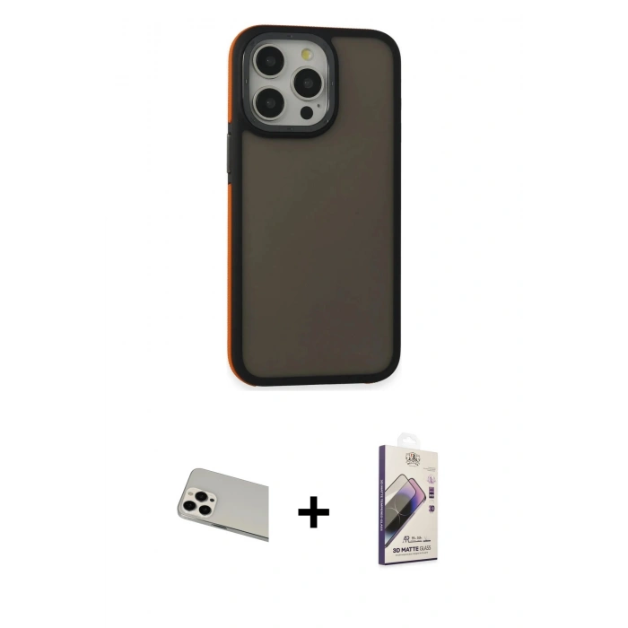 MARSİLYAN™- iPhone 13 Pro Max Kılıf Eksen Işık - Siyah Bilvis 3D Mat Cam Ekran Koruyucu + Rainbow Kamera Lens Koruma Cam - BZ