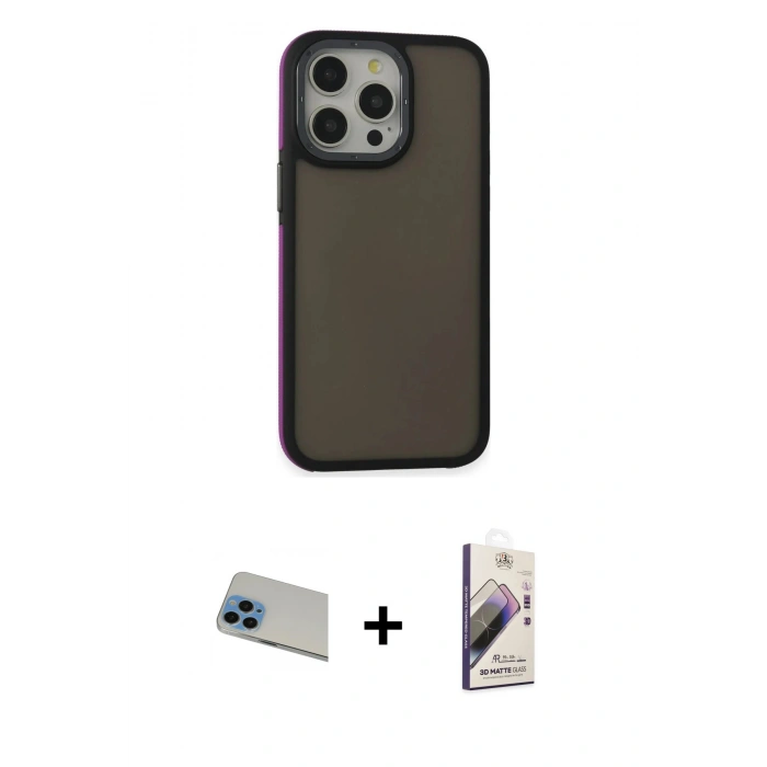 MARSİLYAN™- iPhone 13 Pro Max Kılıf Eksen Işık - Siyah Bilvis 3D Mat Cam Ekran Koruyucu + Rainbow Kamera Lens Koruma Cam - MI