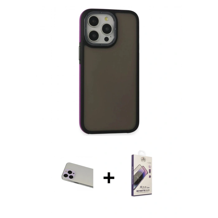 MARSİLYAN™- iPhone 13 Pro Max Kılıf Eksen Işık - Siyah Bilvis 3D Mat Cam Ekran Koruyucu + Rainbow Kamera Lens Koruma Cam - MR