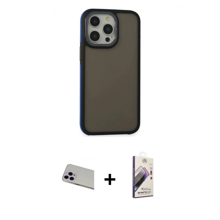 MARSİLYAN™- iPhone 13 Pro Max Kılıf Eksen Işık - Siyah Bilvis 3D Mat Cam Ekran Koruyucu + Rainbow Kamera Lens Koruma Cam - MR