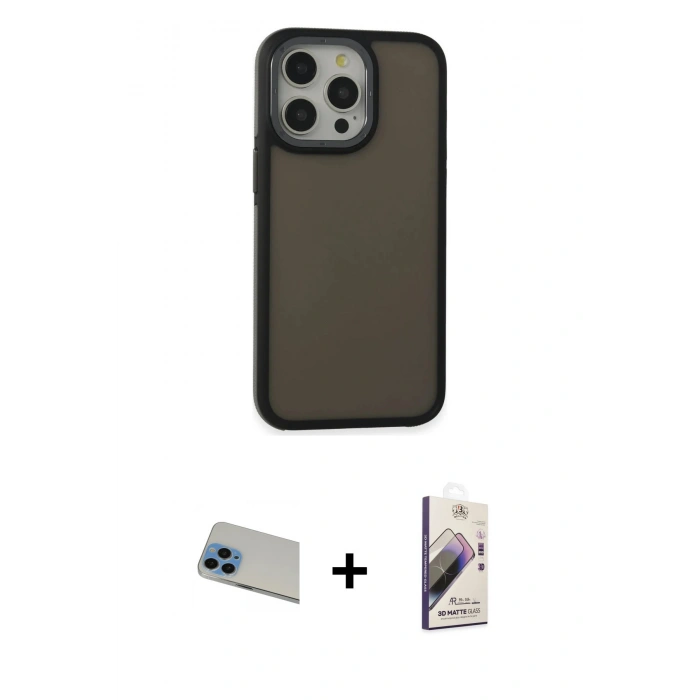 MARSİLYAN™- iPhone 13 Pro Max Kılıf Eksen Işık - Siyah Bilvis 3D Mat Cam Ekran Koruyucu + Rainbow Kamera Lens Koruma Cam - MI