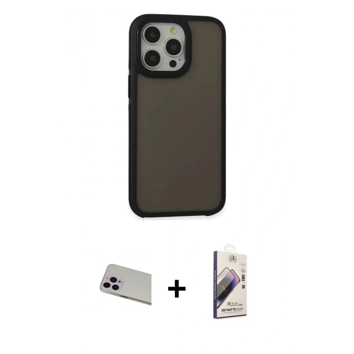 MARSİLYAN™- iPhone 13 Pro Max Kılıf Eksen Işık - Siyah Bilvis 3D Mat Cam Ekran Koruyucu + Rainbow Kamera Lens Koruma Cam - MR