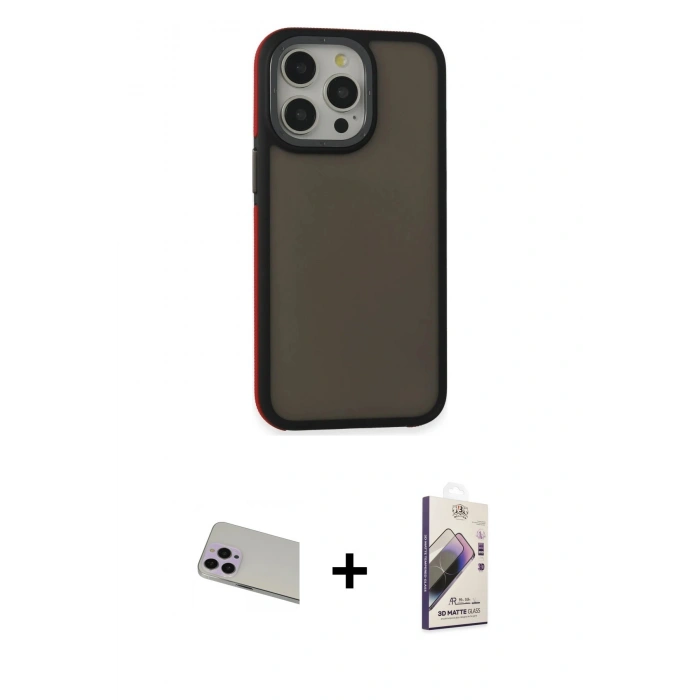 MARSİLYAN™- iPhone 13 Pro Max Kılıf Eksen Işık - Siyah Bilvis 3D Mat Cam Ekran Koruyucu + Rainbow Kamera Lens Koruma Cam - MR