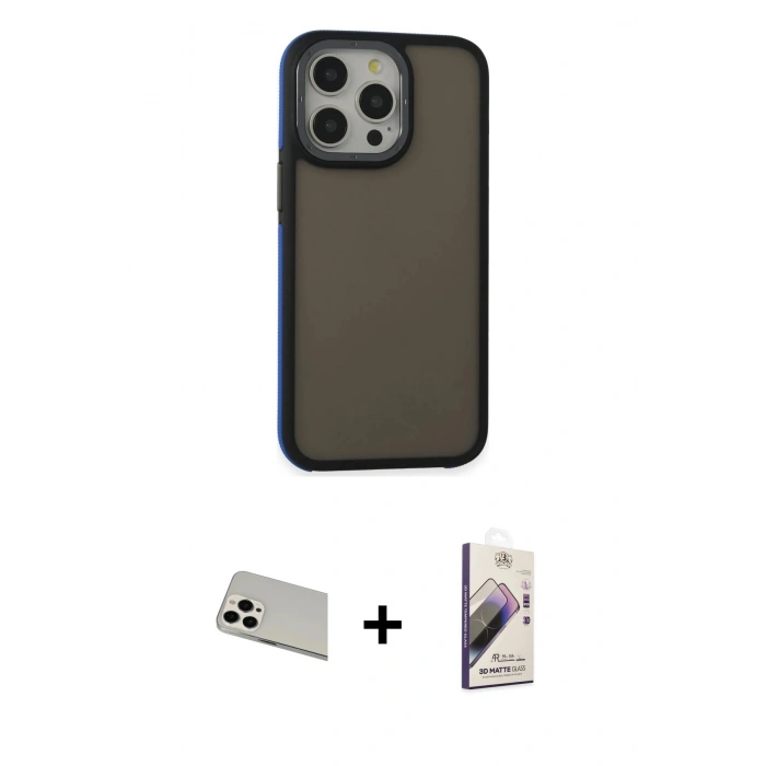 MARSİLYAN™- iPhone 13 Pro Max Kılıf Eksen Işık - Siyah Bilvis 3D Mat Cam Ekran Koruyucu + Rainbow Kamera Lens Koruma Cam - BZ