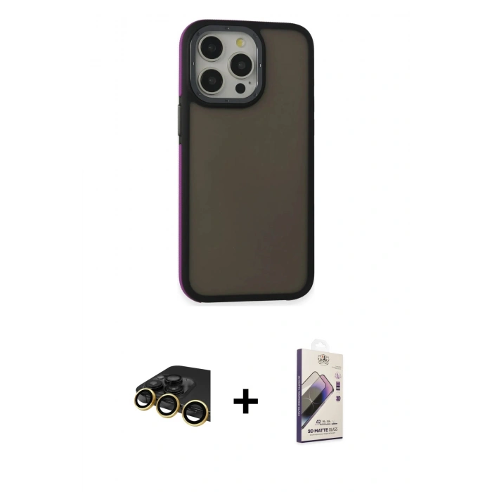 MARSİLYAN™- iPhone 13 Pro Max Kılıf Eksen Işık - Siyah Bilvis 3D Mat Cam Ekran Koruyucu + Raze Metal Kamera Lens - GD