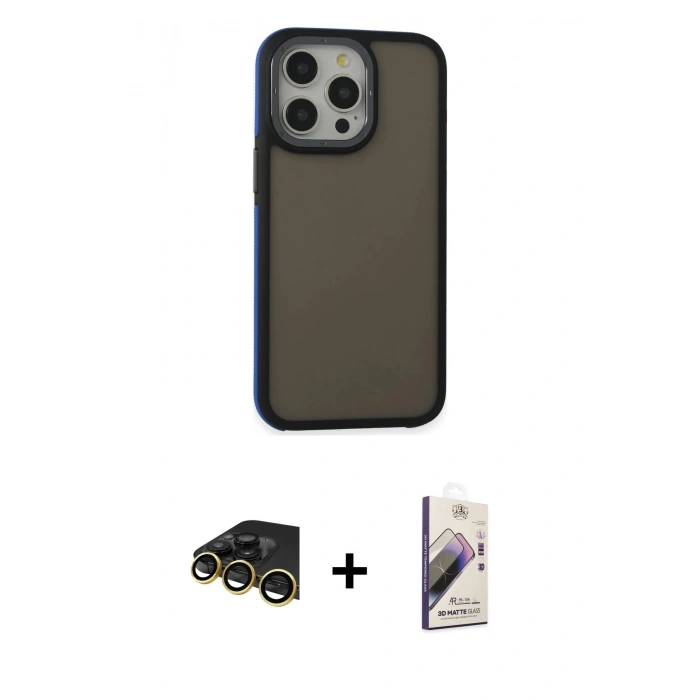 MARSİLYAN™- iPhone 13 Pro Max Kılıf Eksen Işık - Siyah Bilvis 3D Mat Cam Ekran Koruyucu + Raze Metal Kamera Lens - GD