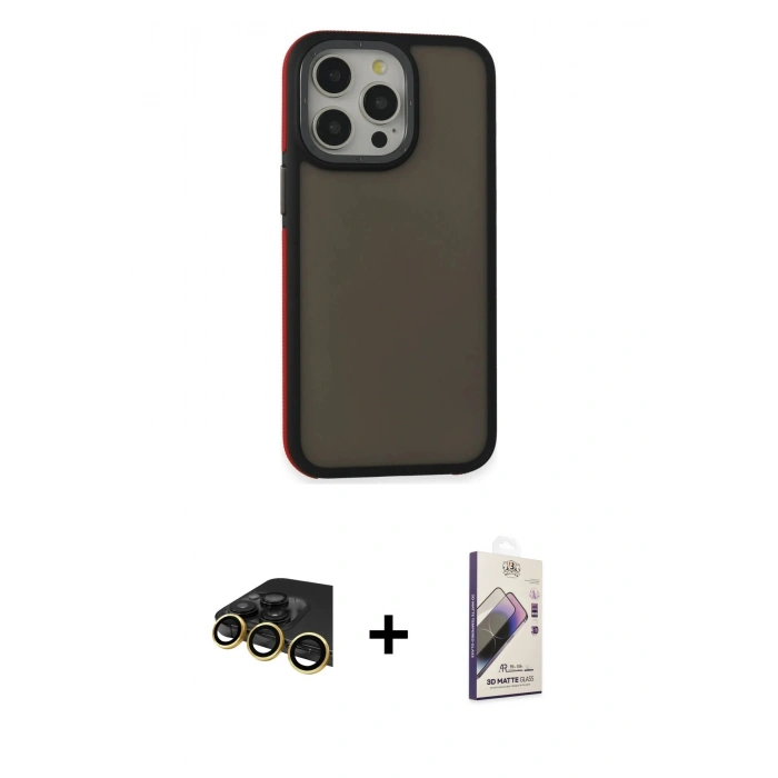 MARSİLYAN™- iPhone 13 Pro Max Kılıf Eksen Işık - Siyah Bilvis 3D Mat Cam Ekran Koruyucu + Raze Metal Kamera Lens - GD