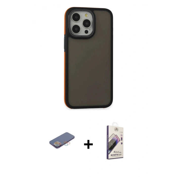 MARSİLYAN™- iPhone 13 Pro Max Kılıf Eksen Işık - Siyah Bilvis 3D Mat Cam Ekran Koruyucu + Renkli Kamera Lens Koruma Cam - PE